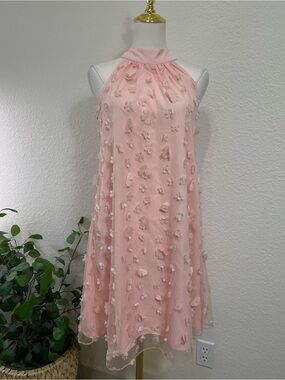 VIMPUNEC NWT Blush Pink 3D Floral Appliqué Halter Dress Size S Romantic Mesh